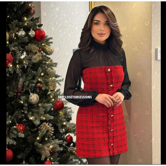 ZARA Fitted Textured Tweed Dress NWT | Red Black Blogger Favorite - Picture 6 of 16